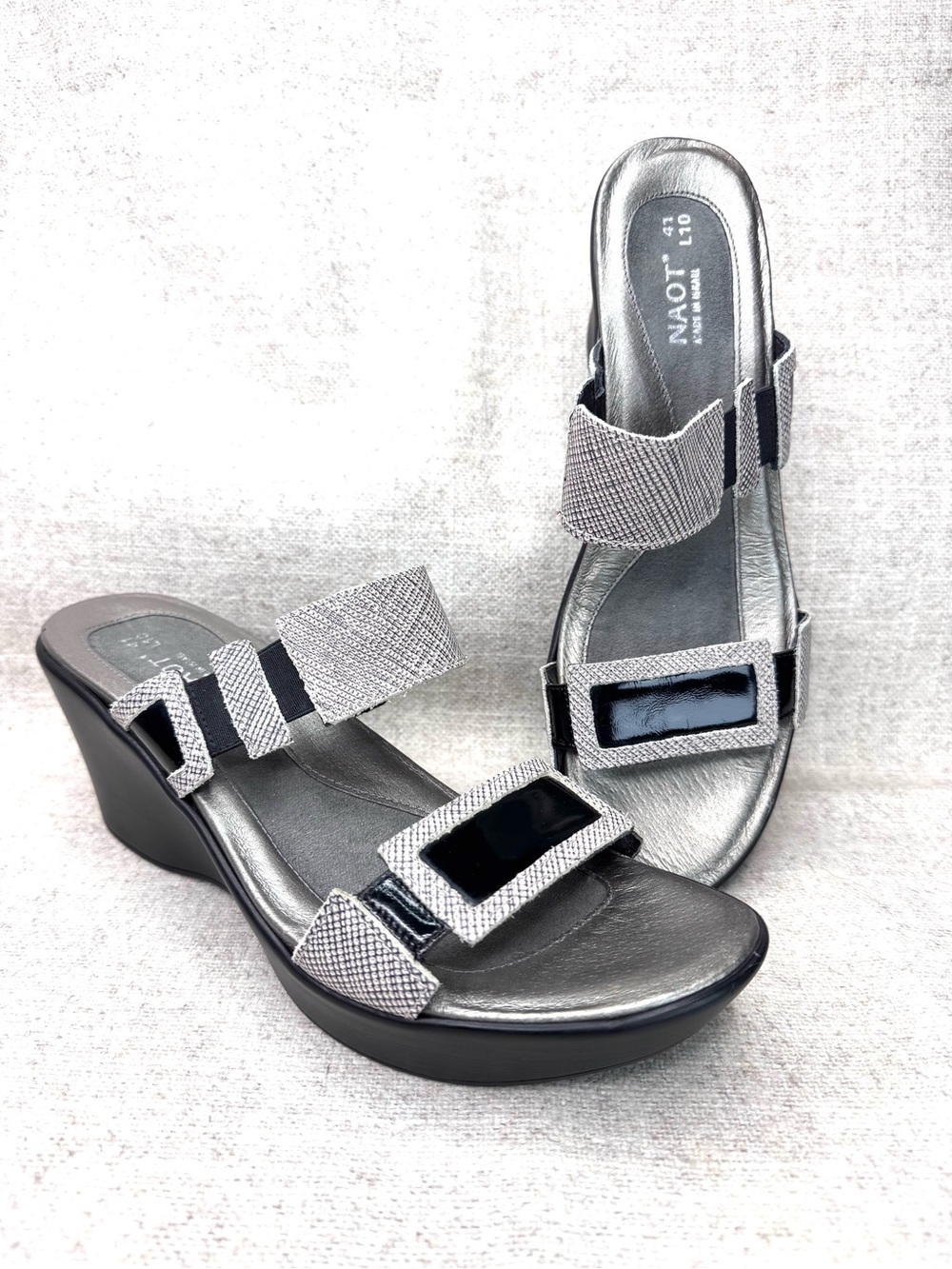 Naot‎ Treasure Silver/black Patent Leather Sandals heels wedges sz 41 (10) party